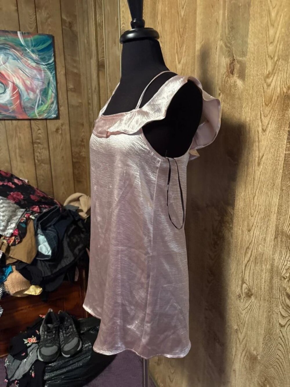 Pink Satin Ruffle Strap Slip Mini Dress - Picture 2 of 5
